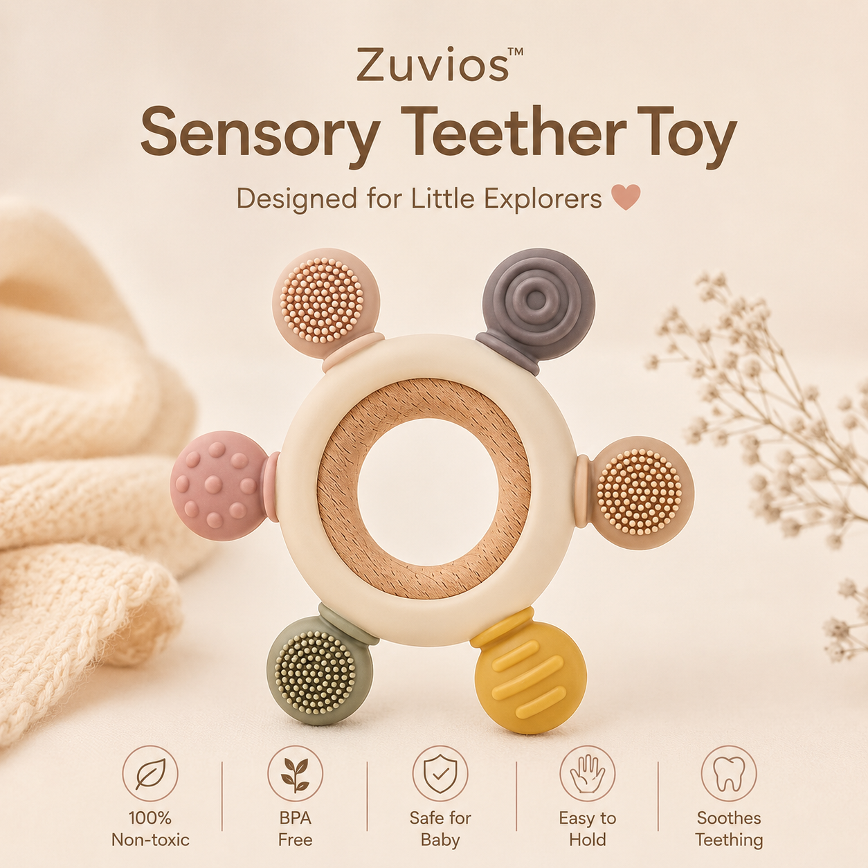 Zuvios™ Screen-Free Silicone Baby Teether & Sensory Toy